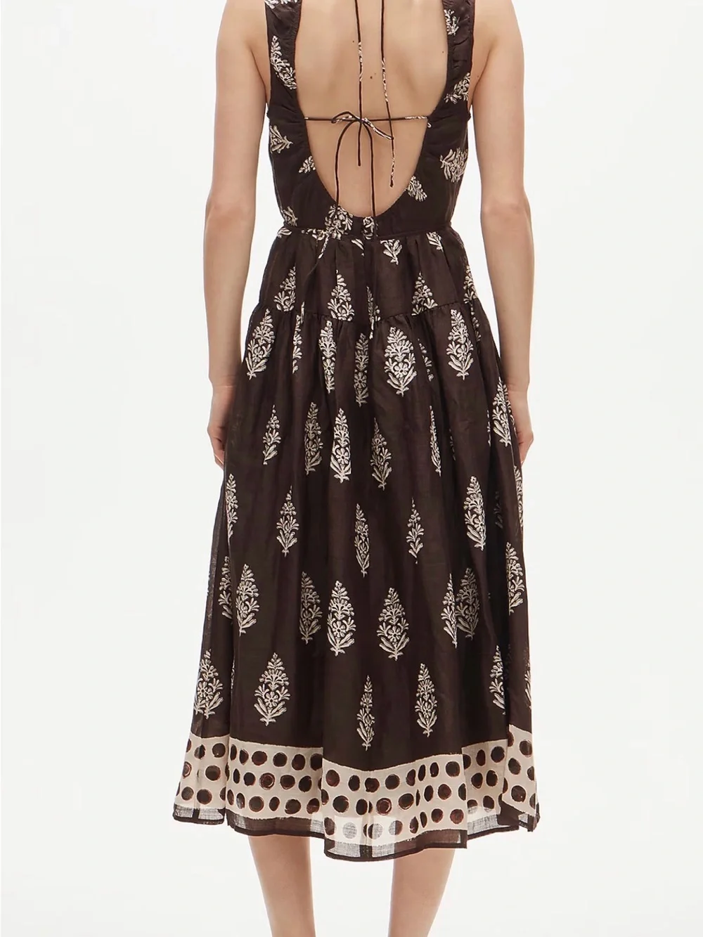J. Crew SZ1 16 Brown Sleeveless Midi Dress with Ivory Motifs 100% Ramie NWT